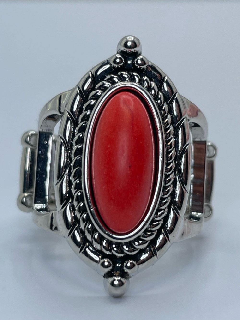 Silver Tone Red Cabochon Statement Ring Bold Stretch Band